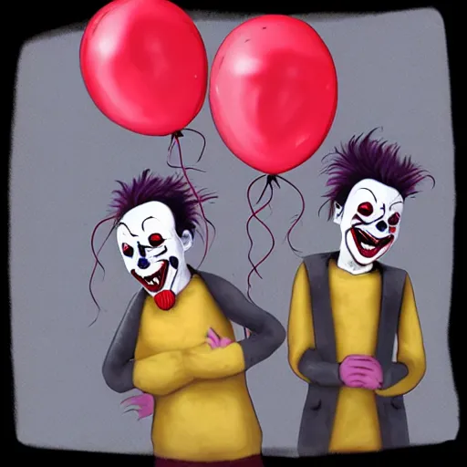 Prompt: dark horror clowns screaming balloons, artstation, gritty, scared