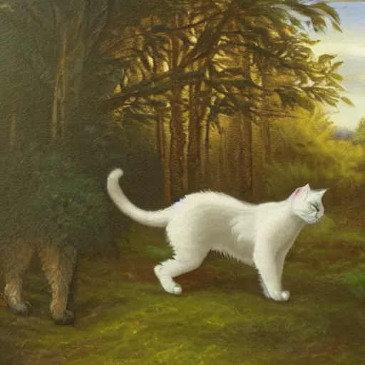 Prompt: a giant cat walking towards a castle in the forest, oil painting