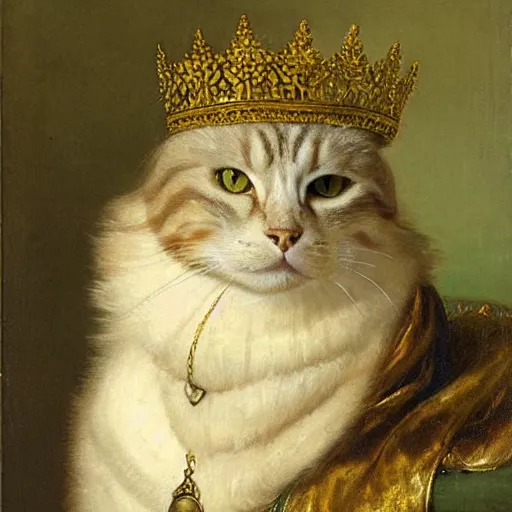 Prompt: a fat fluffy tabby cat with green eyes wearing aristocratic robes and a golden necklace and a crown in the style of Rembrandt