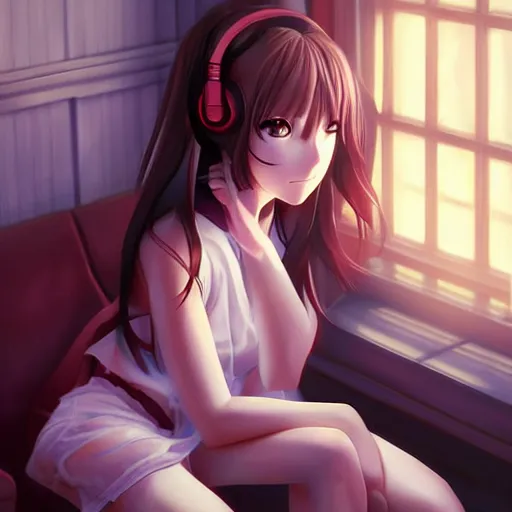 Prompt: anime beautiful girl sits on the sofa and listens to music, the sun shines through the window, clear face, beautiful body, highly detailed, 8 k, pixiv, in style of kyoto animation, art by artgerm and cushart krenz