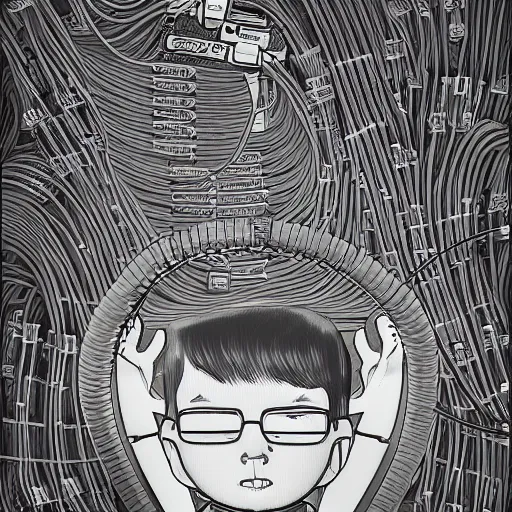 Prompt: illustration of a boy connected to his laptop with hundreds of wires, highly detailed, by butcher billy, cgsociety, mcbess, rutkowski, james jean, 8 k, photorealistic