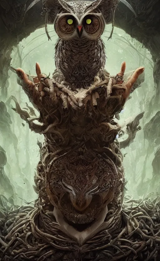 Prompt: a owl human druid is casting an earth spell, symmetrical face features, front game card, drark, marvel comics, dark, intricate, highly detailed, smooth, artstation, digital illustration by ruan jia and mandy jurgens and artgerm and wayne barlowe and greg rutkowski and zdislav beksinski