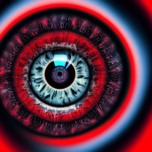 Image similar to a detailed extremely close up of inside the iris, cornea, red image, microscopic, extremely close up drawing by junji ito, cgsociety, generative art, lovecraftian, parallax, cosmic horror, extremely detailed, hyperrealism, unreal engine, octane render, award winning, masterpiece, highly detailed, realistic, 4 k, digital