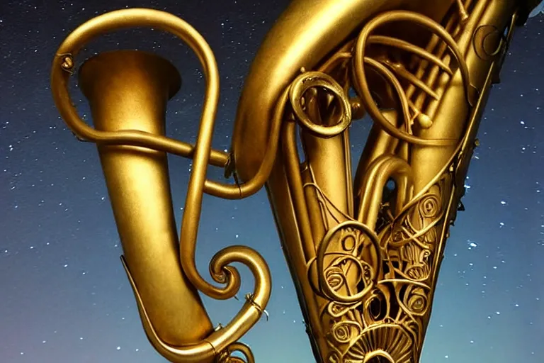 Image similar to intricate filigreed tuba cloud sculpture, art nouveau environment, surreal, milky way, award winning art, epic dreamlike fantasy landscape, ultra realistic,