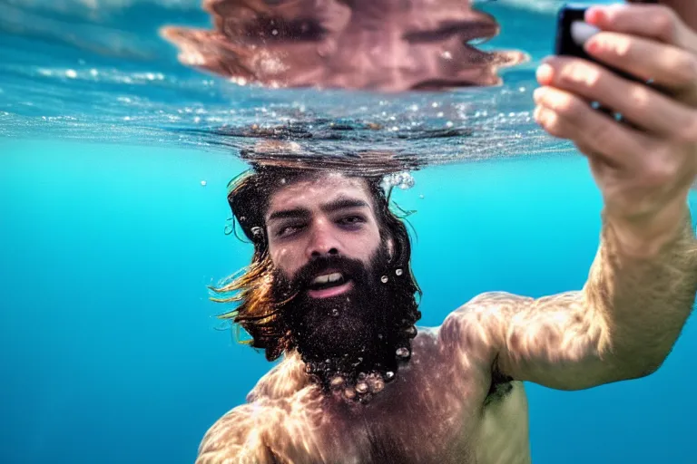 Prompt: high quality 4 k resolution photo of poseidon taking a selfie of himself underwater look king confused