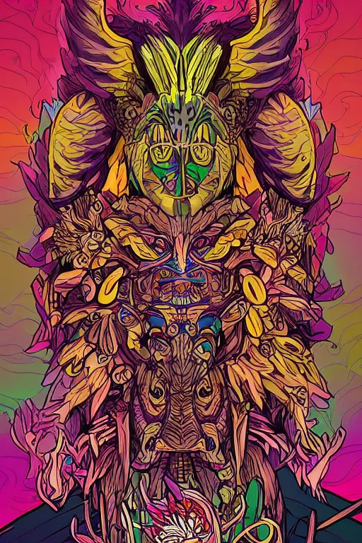 Image similar to animal mask totem roots flower tribal feather gemstone plant wood rock shaman vodoo video game vector cutout illustration vivid multicolor borderlands comics by josan gonzales and dan mumford radiating a glowing aura