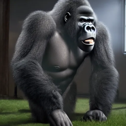 Image similar to big gorilla man terroizing church, 8k cinematic lighting, very sharp detail, anatomically correct