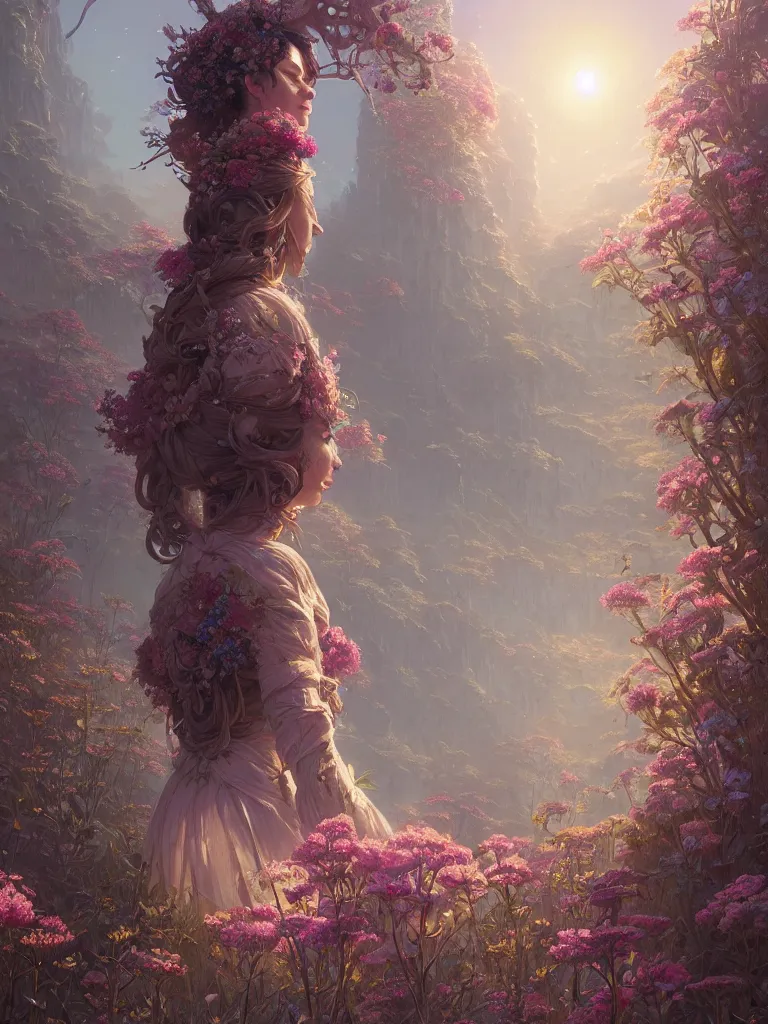 Image similar to highly detailed ornate flower dress, stephen bliss, unreal engine, fantasy art by greg rutkowski, loish, rhads, ferdinand knab, makoto shinkai and lois van baarle, ilya kuvshinov, rossdraws, tom bagshaw, global illumination, radiant light, detailed and intricate environment