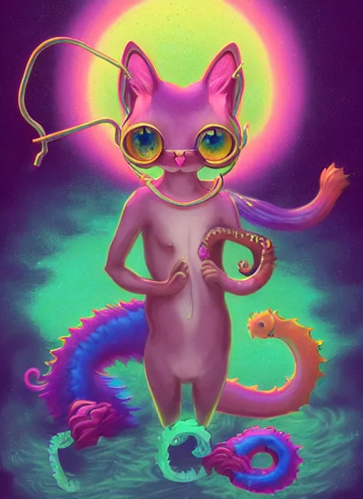 Prompt: cat seahorse fursona wearing headphones, autistic bisexual graphic designer, long haired attractive androgynous humanoid, coherent detailed video game character design, weirdcore voidpunk digital art by delphin enjolras, leonetto cappiello, simon stalenhag, louis wain, william joyce, amy sol, furaffinity, cgsociety, trending on deviantart