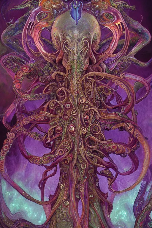 Image similar to psychedelic organic cthulhu mindflayer, gems jewels, diffuse lighting, fantasy, intricate, elegant, highly detailed, lifelike, photorealistic, digital painting, artstation, illustration, concept art, smooth, sharp focus, art by John Collier and Albert Aublet and Krenz Cushart and Artem Demura and Alphonse Mucha