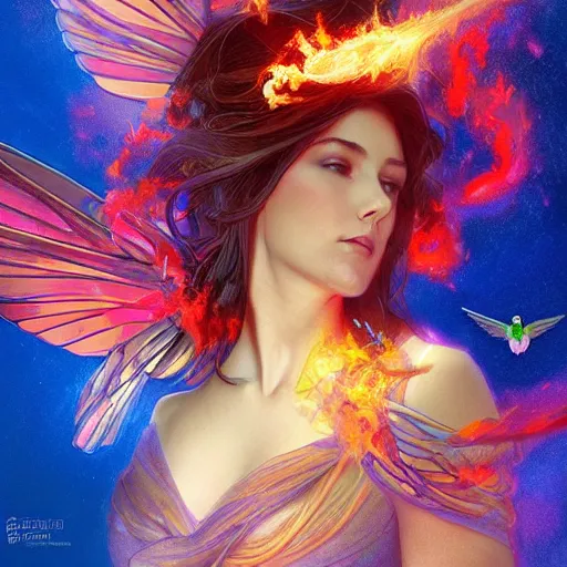 Prompt: a hummingbird made of colorful fire, art by artgerm and greg rutkowski and alphonse mucha, concept art, octane render, unreal engine 5, highly detailed, high quality, 8 k, soft lighting, realistic face, path traced