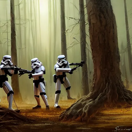 Prompt: stormtroopers shooting red blasters at a young blonde jedi with short hair in a burned lifeless forest with burned trees and plants concept art by Doug Chiang cinematic concept art, realistic painting, high definition, digital art, matte painting, symmetrical, very detailed, realistic, dramatic lighting, cinematic, establishing shot, extremely high detail, photo realistic, cinematic lighting, post processed, concept art, artstation, unreal engine 5, matte painting, red color scheme, the Mandalorian concept art style