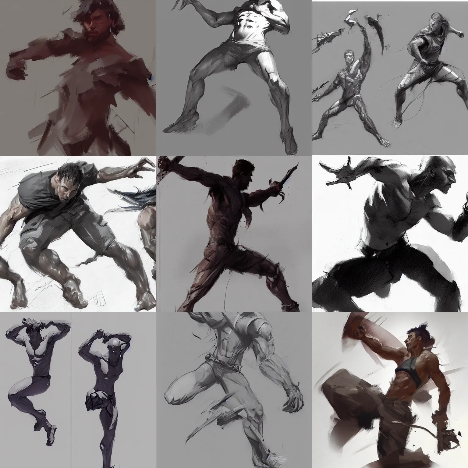 Prompt: action motion poses sketch greg rutkowski foreshortening