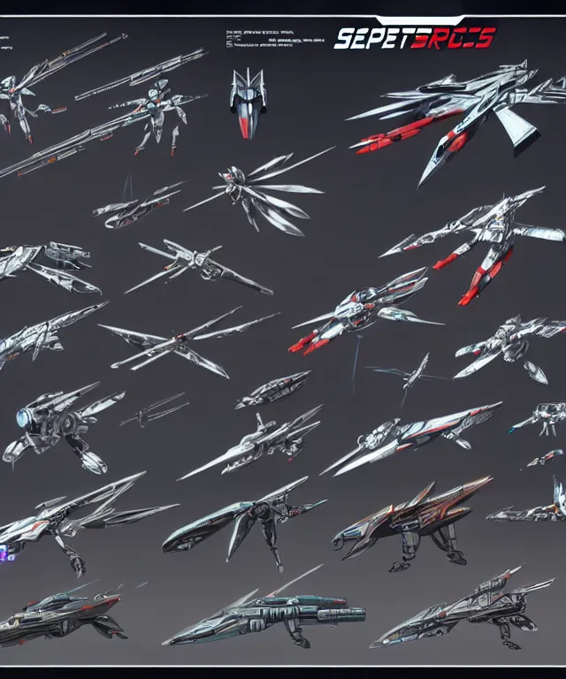 Prompt: 2 d shooter game concept art sprite sheet!!!, robotech gradius outer space concept art, hyperrealism, fine detail, 8 k, 3 d render, artstation contest winner, cgsociety, cryengine, zbrush, vray, no background