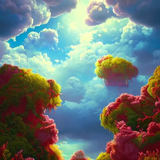 Image similar to puffy clouds, james jean style, drew struzan movie poster, vfx art, unreal engine render, claymation style, colourful, volumetric light, digital painting, digital illustration, dramatic light,