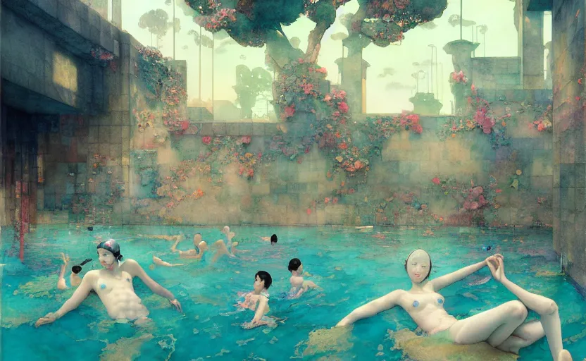 Image similar to swimming pool, fantasy. intricate, amazing composition, colorful watercolor, by ruan jia, by maxfield parrish, by marc simonetti, by hikari shimoda, by robert hubert, by zhang kechun, illustration, gloomy