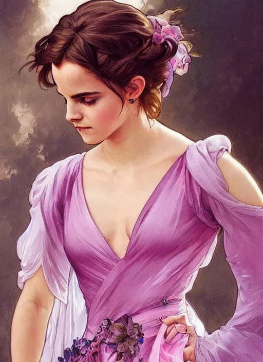 Image similar to emma watson wearing revealing pink and purple chiffon dress with flounces. beautiful detailed face. by artgerm and greg rutkowski and alphonse mucha