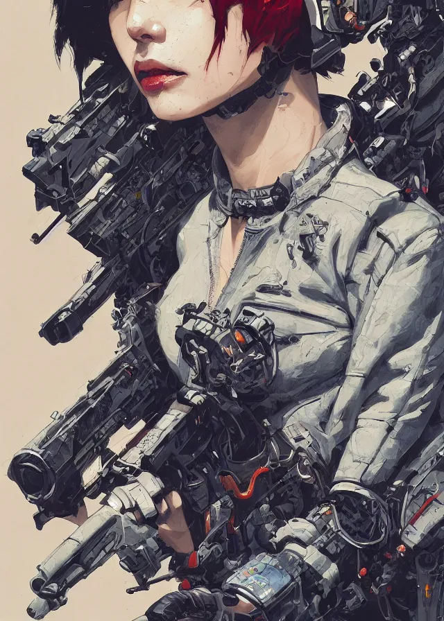 Image similar to highly detailed, james jean, ilya kuvshinov, greg rutkowski, simon roy, mcbess, yoji shinkawa, portrait illustration of a cyberpunk military woman, oil on canvas, colorful, cinematic composition, ray tracing, hyper realism, photorealistic