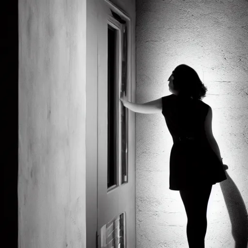 Image similar to noir female detective leans against the wall and lights up,