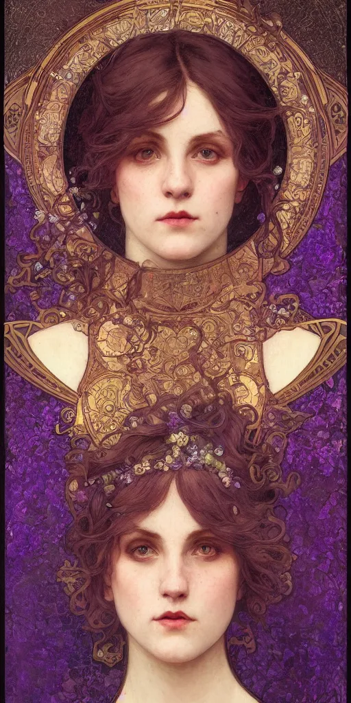 Image similar to purple, character portrait of purple energy, by waterhouse, by mucha, lean face, symmetrical face, face symmetry, cinematic lighting, beautiful, elegant, oil painting, cinematic, portrait, raphaelite, trending on artstation, intricate background