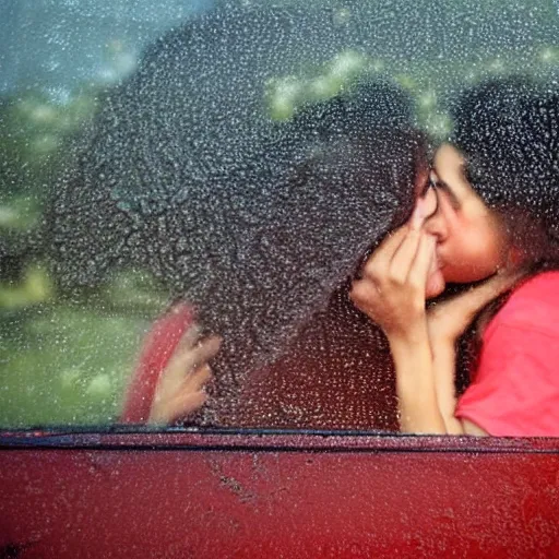 Image similar to close up through steamy window highschool kids making out in a car at night, raining!!! steamy windows!!, colorful!!, nighttime!!