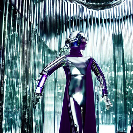 Image similar to conde nast traveler photo, inside a futuristic minimalist alien jungle made out of shiny reflective chrome, futuristic android with limbs made out of stretchy rubber tubing mixed with shiny colorful giant intricate detailed chrome gauntlets and chest piece and gladiator helmet, wearing a long purple velvet cape, fog and mist