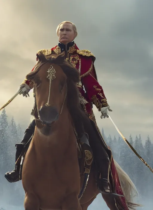 Image similar to putin as emperor napoleon in elden ring, splash art, movie still, cinematic lighting, dramatic, octane render, long lens, shallow depth of field, bokeh, anamorphic lens flare, 8 k, hyper detailed, 3 5 mm film grain