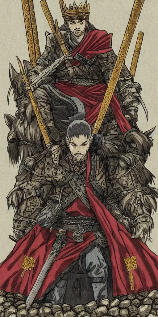 Image similar to a king on a throne drawn by Makoto Yukimura in the style of Vinland saga anime, full color