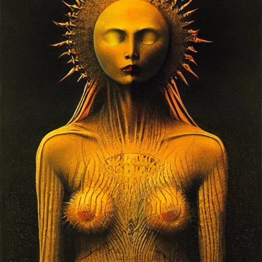 Image similar to the queen of the sun by zdzislaw beksinski and h. r. giger, oil on canvas