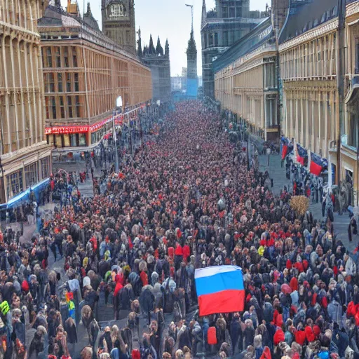 Image similar to a picture of westminster with a gigantic crowd of protestors on the street, the sky is blue and everyone is holding russian signs wide shot hyperrealistic photography 7 0 mm