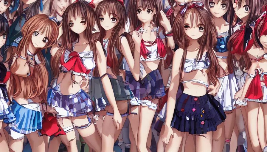 Image similar to waldo hiding amongst a group of cute anime girls in short miniskirts, lightly dressed, ultra detailed digital art, hyper real, detailed, closeup shot, ultra detailed