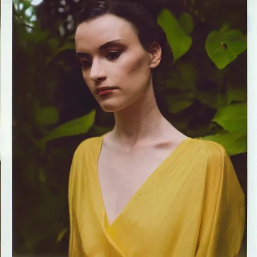 Prompt: head to shoulder portrait Polaroid film photograph of an elegant top model wearing a yellow kimono with a very detailed barn owl on her shoulder!!! in a tropical greenhouse. looking at the camera!!. super resolution. Polaroid 600 film. art by Alessio albi and john william waterhouse and John Singer Sargent