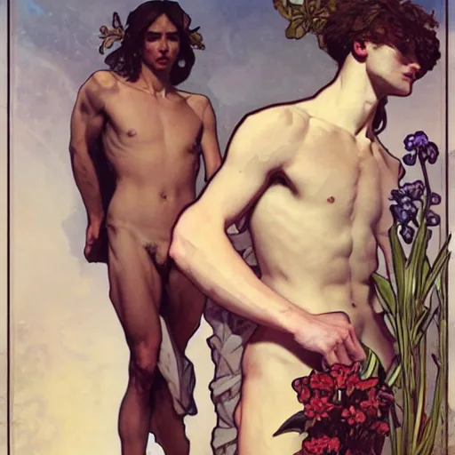 Image similar to ultra realistic illustration of apollo and hyacinthus, full body, male body, elegant study, poster art greg rutkowski and alphonse mucha