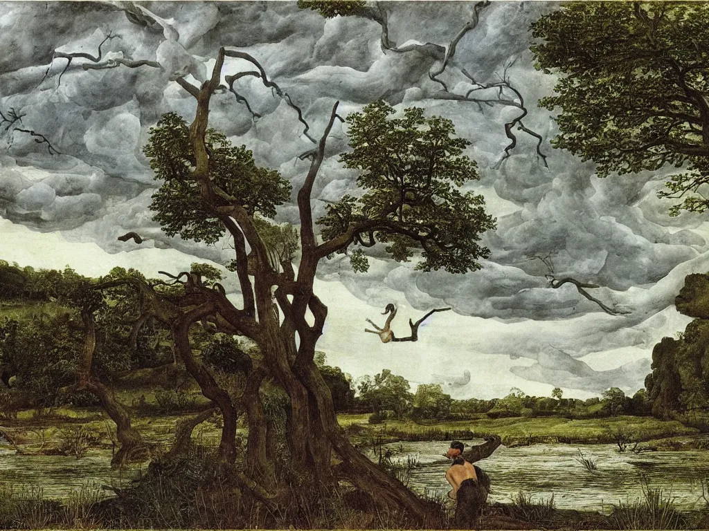 Image similar to Young man swimming in a turbulent river in the afternoon. Acacia trees in the wind, lightning strikes. Painting by Lucas Cranach, Caspar David Friedrich, Lucian Freud.