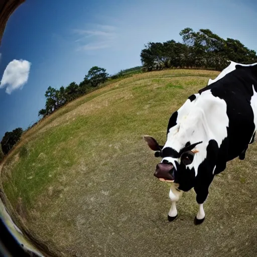 Image similar to a fisheye photo of a cow wearing a tuxedo