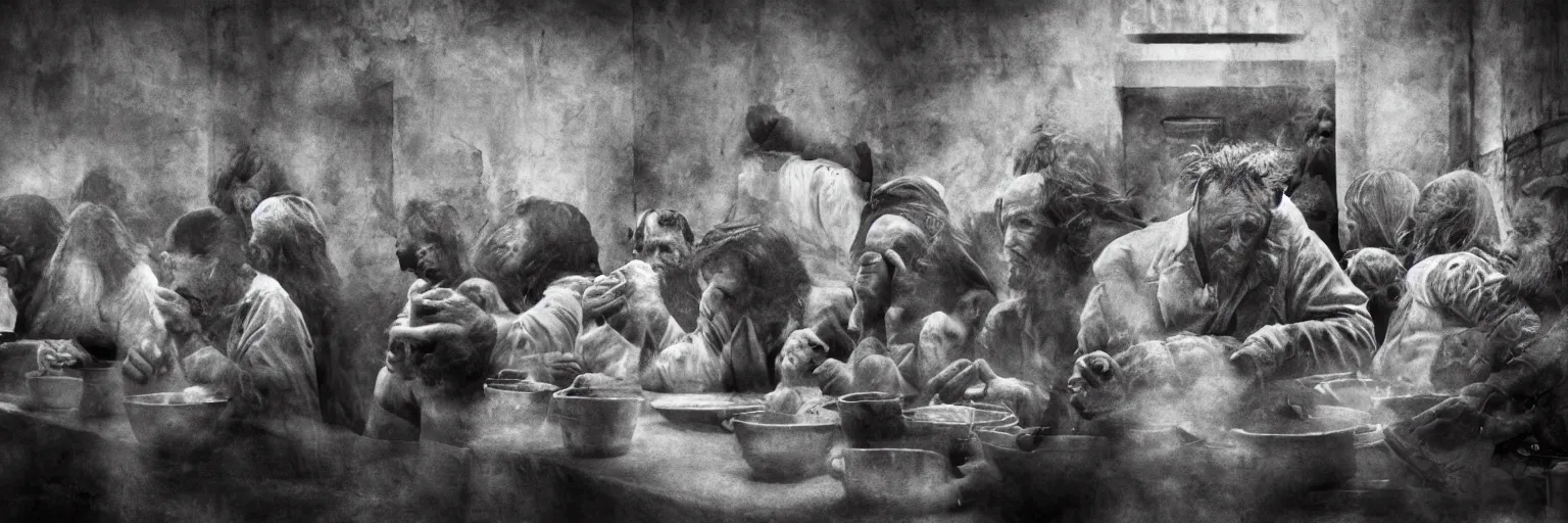 Image similar to Award Winning Editorial 84° wide-angle picture of a Tramps with bowed heads in a Soup Kitchen by David Bailey and Lee Jeffries, called 'The Last Supper', 85mm ND 5, perfect lighting, gelatin silver process