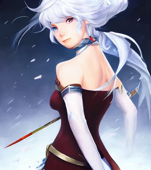 Image similar to A very beautiful painting of Weiss Schnee from RWBY by rossdraws, wlop, artgerm and Gil Elvgren