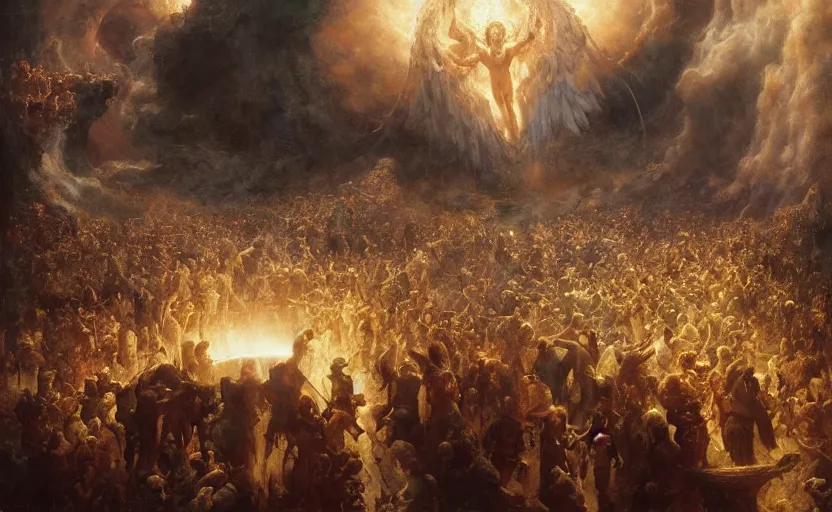 Image similar to alvah angelrune water portal to hell located in heaven, crowd of people, rule of thirds, 4 k, dark bright effect, highly detailed painting by gaston bussiere, craig mullins, j. c. leyendecker, michelangelo