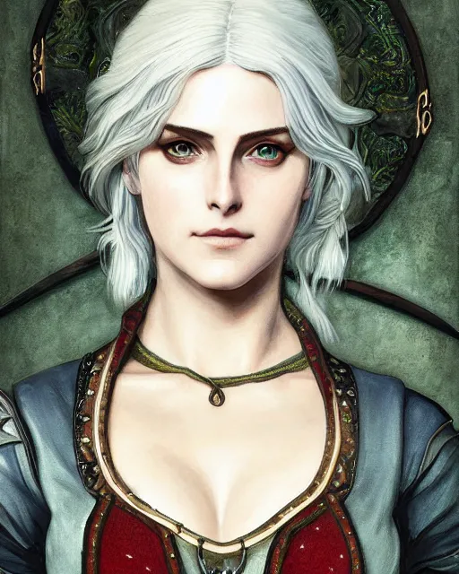 Image similar to Pre-Raphaelite Ciri from Witcher 3 by Studio Ghibli and UFO Table, intricate, elegant, highly detailed, digital painting, pale