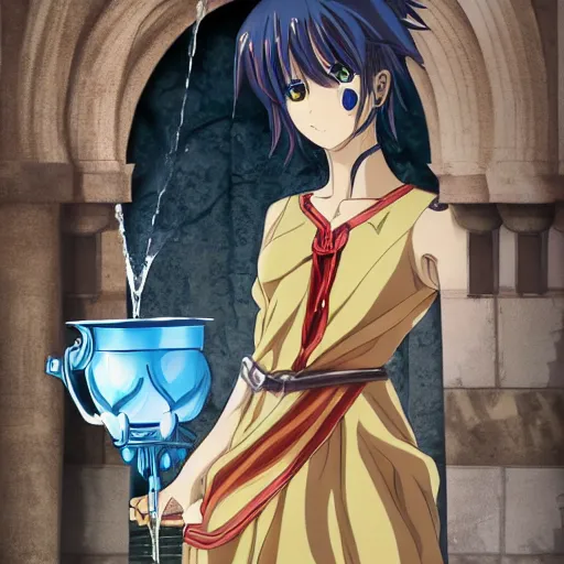 Image similar to an anime waifu in a greek attire pouring water out of a vase into a fountain, spanish ghibli alleyway, symmetrical face, symmetrical eyes, detailed and defined eyes,