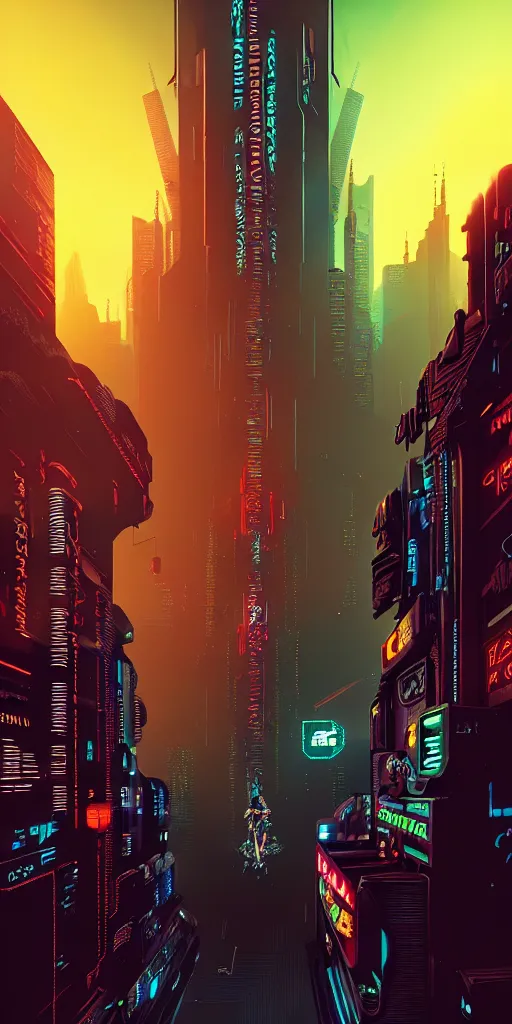 Image similar to epic cyberpunk arcade city : : blade runner, james guilleard, beeple, laurie greasley, dan mcpharlin : : ornate, dynamic, particulate, rich colors, intricate, elegant, highly detailed, centered, artstation, smooth, sharp focus, octane render, 3 d