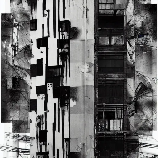 Prompt: abstract dystopian collage street art painting collage architectural elevation drawing black and white mixed media by hiroki tsukuda