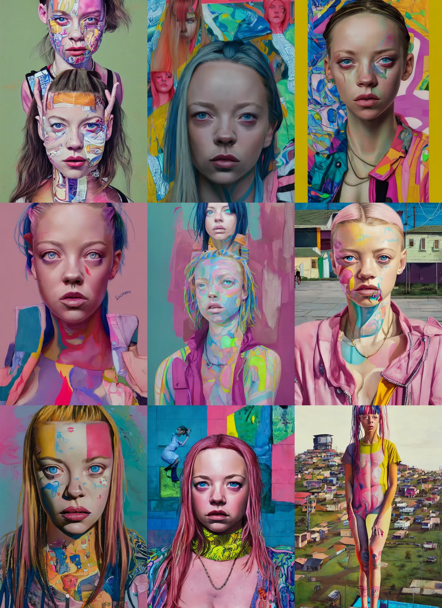 Prompt: still from music video of sydney sweeney from die antwoord standing in a township street, street fashion clothing, haute couture, full figure portrait painting by martine johanna, njideka akunyili crosby, rossdraws, pastel color palette, 2 4 mm lens