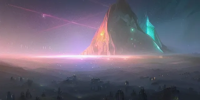 Image similar to a beautiful network of glowing futuristic cubes appears in the sky above a fantasy landscape, atmospheric lighting, intricate, volumetric lighting, beautiful, sharp focus, ultra detailed, in the art style of bowater charlie, brom gerald, astrophotography