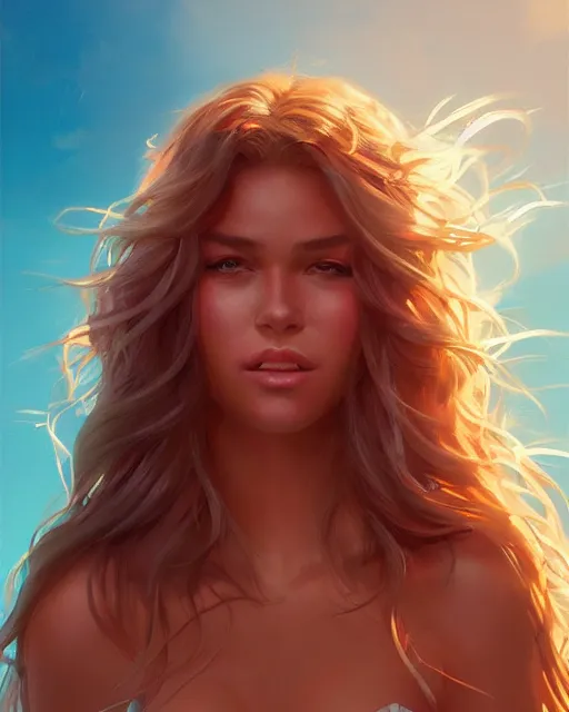 Prompt: summer vibes, beautiful sun tanned goddess portrait, flowy sunkissed hair, sun, summer, cinematic lighting, highly detailed, digital painting, trending on artstation, pixiv, concept art, sharp focus, illustration, art by ross tran and wlop