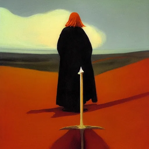 Image similar to sienna portrait of the redwinged angel of death wearing a crimson and sienna robe descending on the spirits in their graves jamie wyeth james gilleard edward hopper oil painting