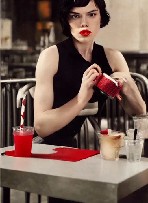 Prompt: a photograph of a Daisy Ridley with red lipstick and black bob with fringe, wearing a white shirt, seated at a table, drinking a milkshake with a straw, by Herb Ritts, medium format photography, Hasselblad, film