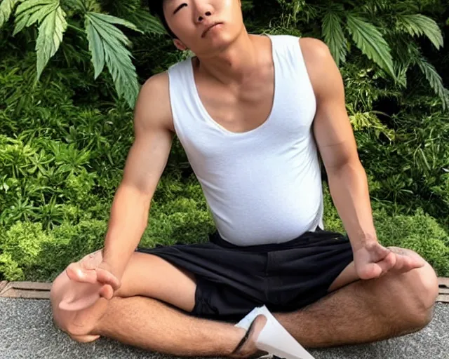 Prompt: mr chen smoke weed and meditate in the garden, he has dark black hair, young, detailed glad face, muscular chest, pregnant belly, golden hour closeup photo, tank top, eyes wide open, ymmm and that smell