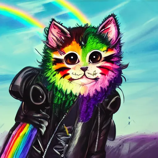 Image similar to wide angle full body, jacket wearing fluffy cute rainbow kitten wearing a black leather motorcycle jacket, cinematic concept art