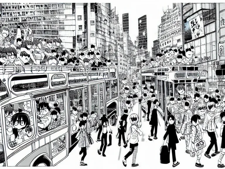 Prompt: Cat used as a bus in a busy city center, people on the bus, crowded, in the style of Manga, Eichiro Oda, hyper detailed